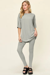 Double Take Full Size Round Neck Dropped Shoulder T-Shirt and Leggings Set - kinko