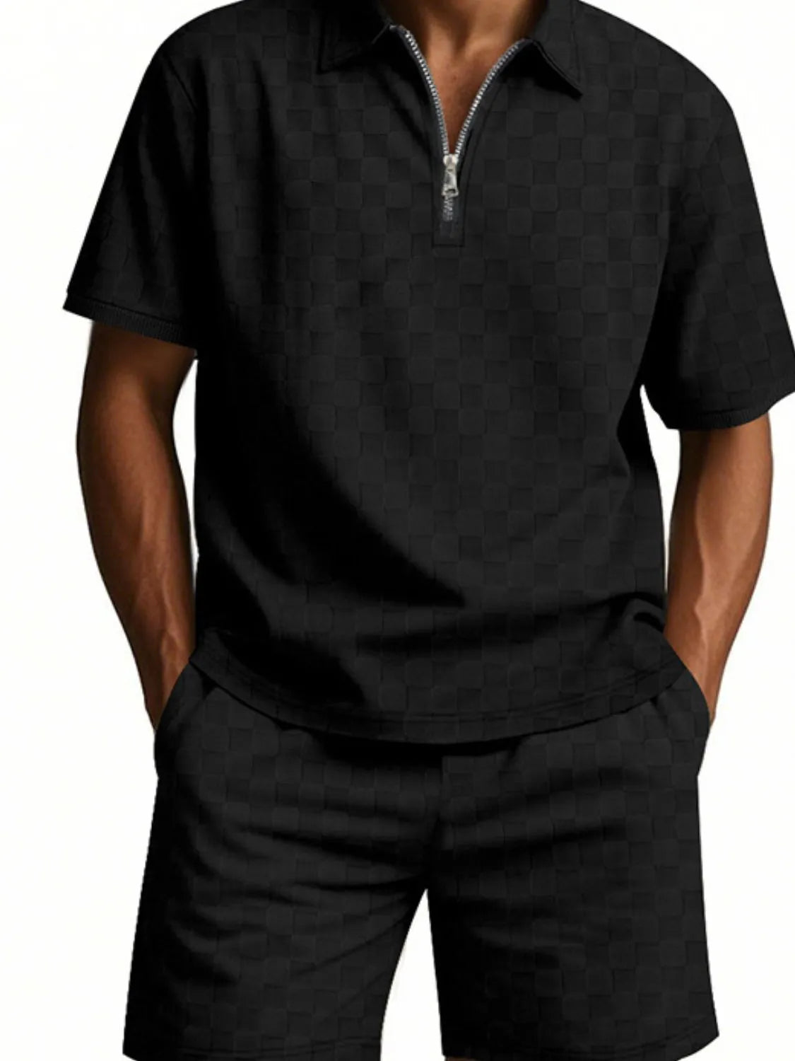 Men's Full Size Quarter Zip Short Sleeve Top and Shorts Set Plus Size - kinko