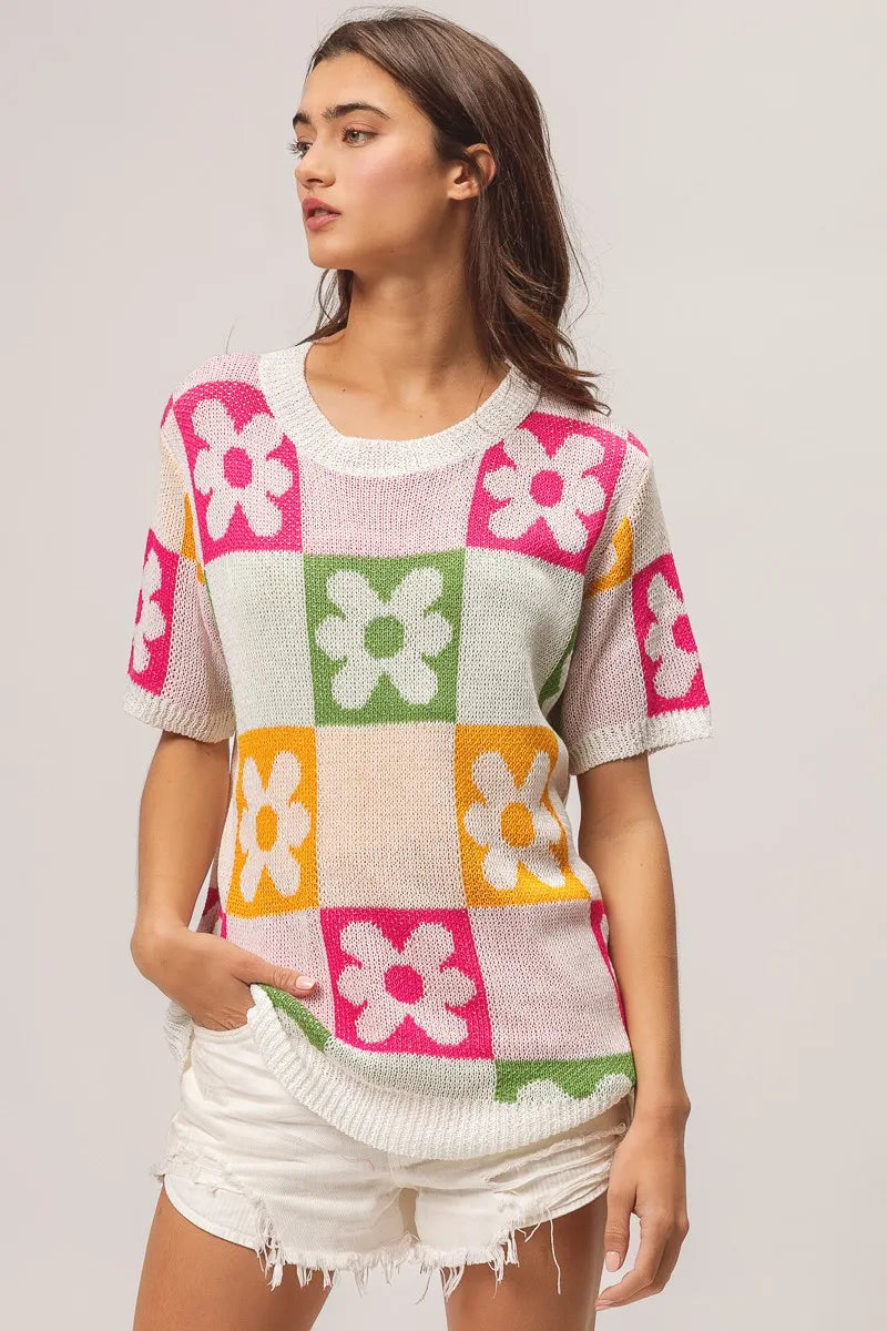 BiBi Flower Checker Pattern Lightweight Sweater Top - kinko
