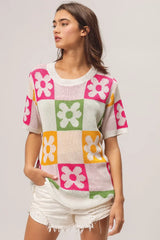 BiBi Flower Checker Pattern Lightweight Sweater Top - kinko