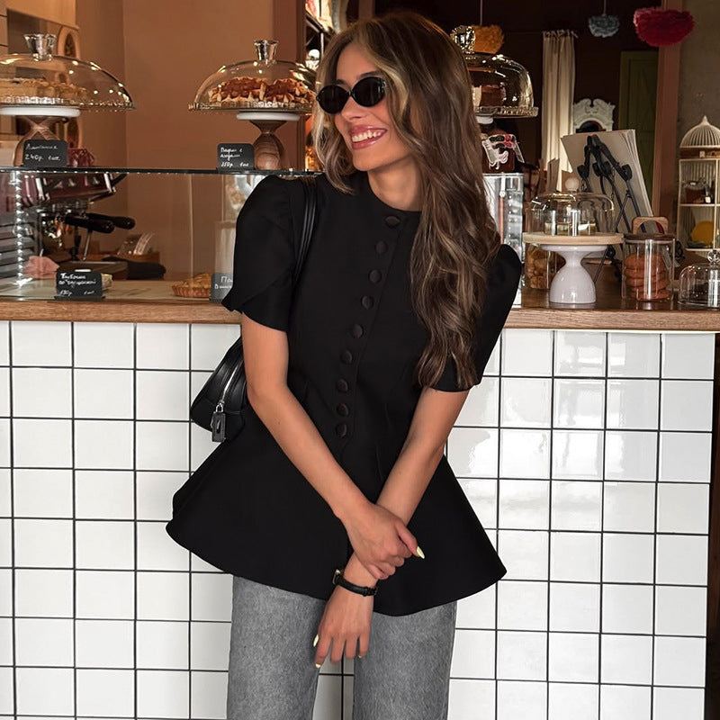 Stand Collar Single-breasted High-waist Blouse - kinko