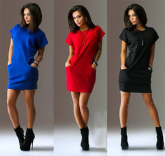 Summer Fashion Women Clothing Casual Short Sleeve O-Neck Black Blue Dresses Slim Pocket Bodycon T Shirt Dress - kinko