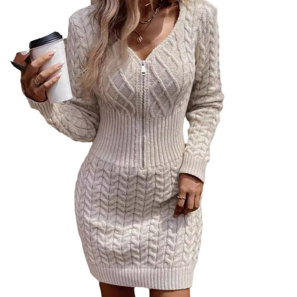 Embossed Zipper Casual Knitted Dress Women - kinko