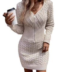 Embossed Zipper Casual Knitted Dress Women - kinko
