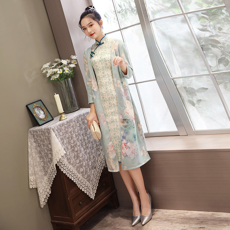 Women's Medium Length Cheongsam With Suede And Aodai Dress - kinko