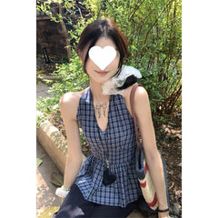 Retro Plaid V-neck Lace-up Halter Sleeveless Shirt - kinko