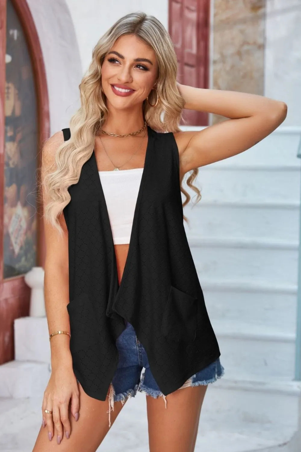 Eyelet Open Front Sleeveless Cardigan - kinko