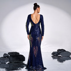 Long Sleeve Temperament Crew Neck Sexy Long Sequined Banquet Evening Dress - kinko