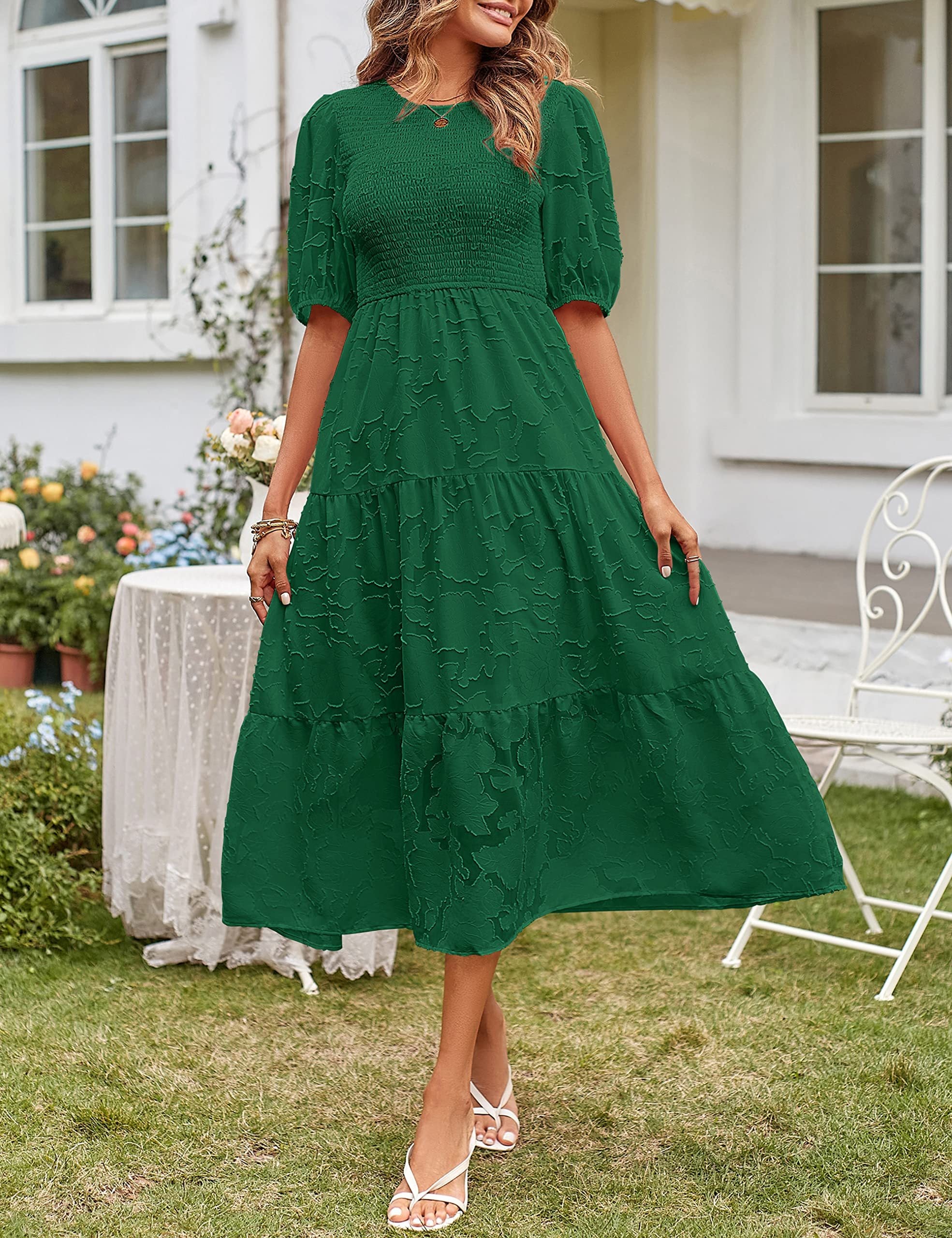 Women's Summer Casual Lace Dress Floral Ruffle Puff Short Sleeve High Waist Midi Beach Dresses - kinko