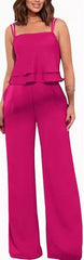 Sling Pure Color Ruffles Top Straight-leg Pants Fashion Suit - kinko