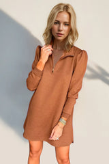 Double Take Textured Quarter Zip Long Sleeve Dress - kinko