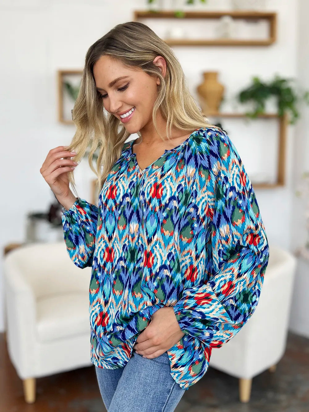 Double Take Full Size Printed Balloon Sleeve Blouse - kinko