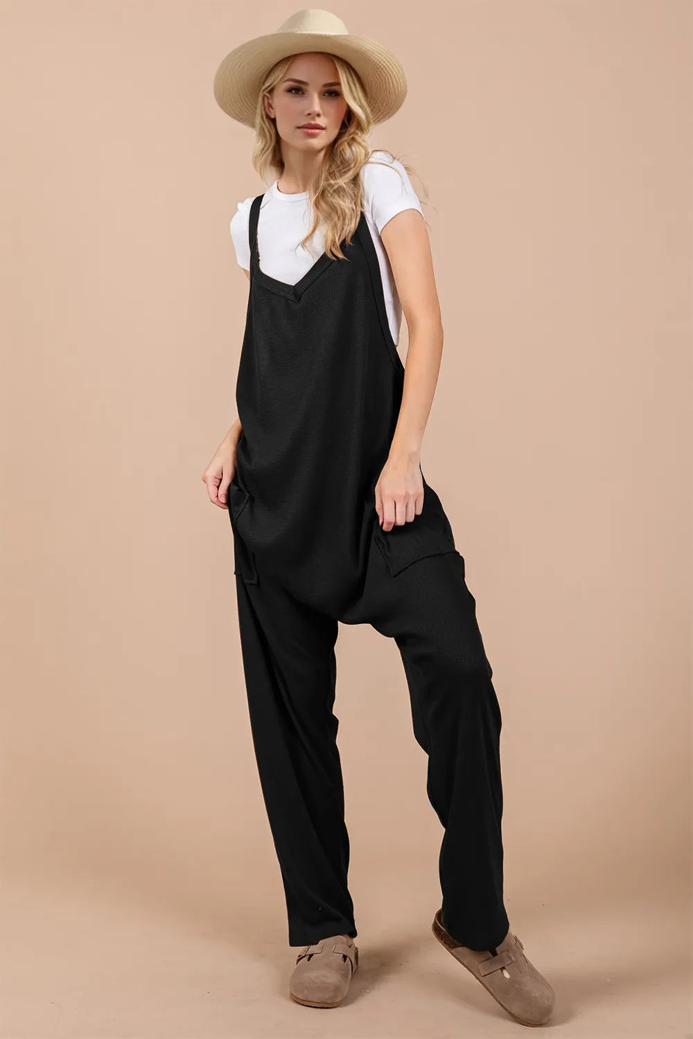 Oh Full Size V-Neck Wide Strap Overalls with Pockets - kinko