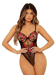 Transparent Black Mesh Lip Print Embroidery Jumpsuit Suit - kinko