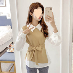 All-matching Fitted Waist Flattering Shirt Graceful Collar Chiffon Shirt Top - kinko