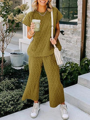 Fazortev Women's 2 Piece Outfits Quilted Lightweight Short Sleeve Tops And Cropped Pants Lounge Set - kinko