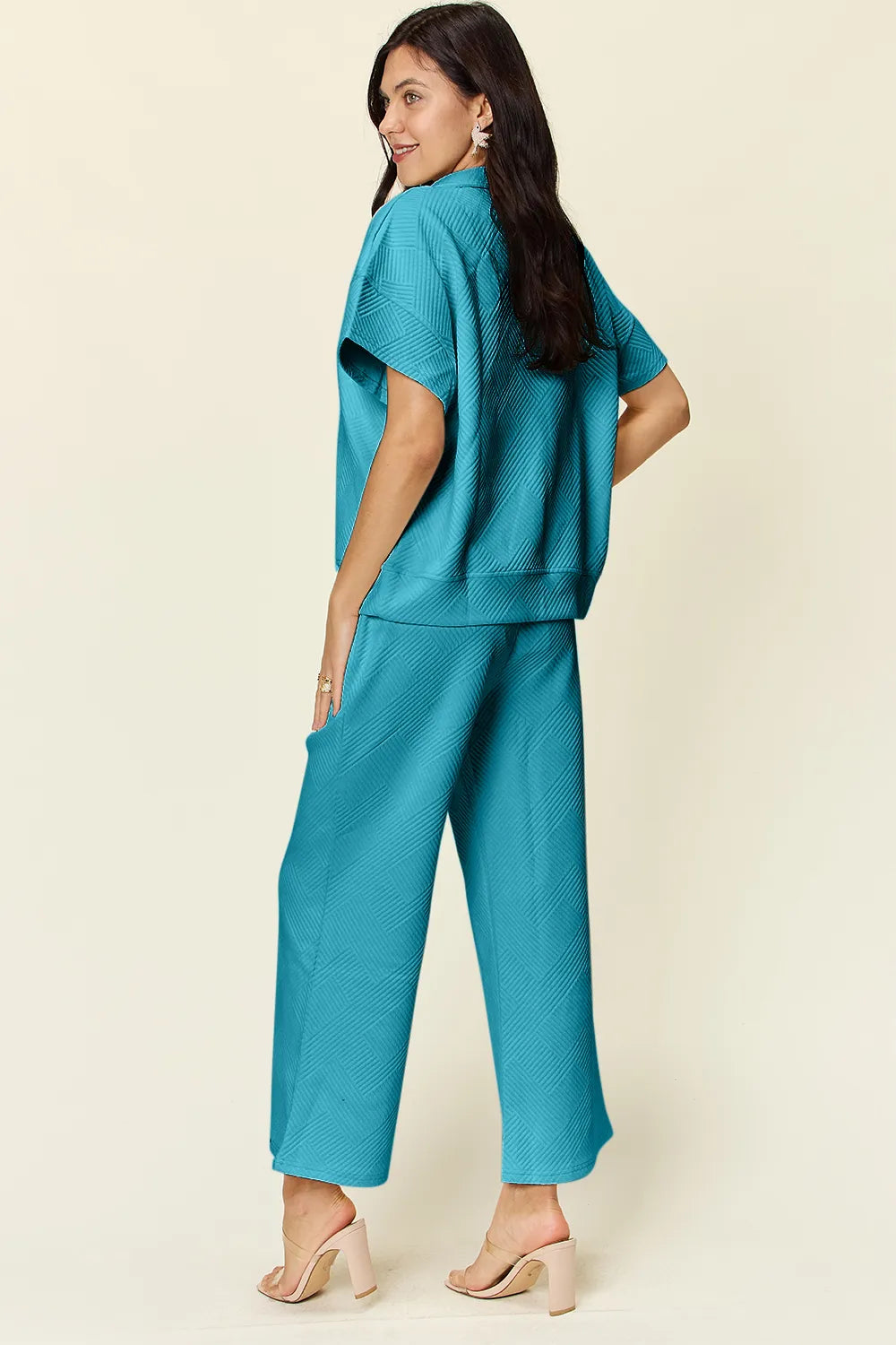 Double Take Full Size Texture Half Zip Short Sleeve Top and Pants Set - kinko
