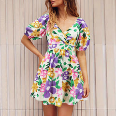 Flowers Print V-Neck Lantern-sleeve Dress Y2K Summer Vacation Beach Short Dresses Fashion Womens Clothing - kinko
