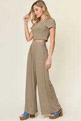 Double Take Full Size Round Neck Top and Pants Set - kinko
