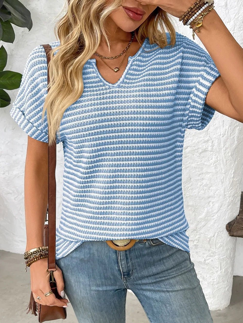 Striped Notched Short Sleeve T-Shirt - kinko