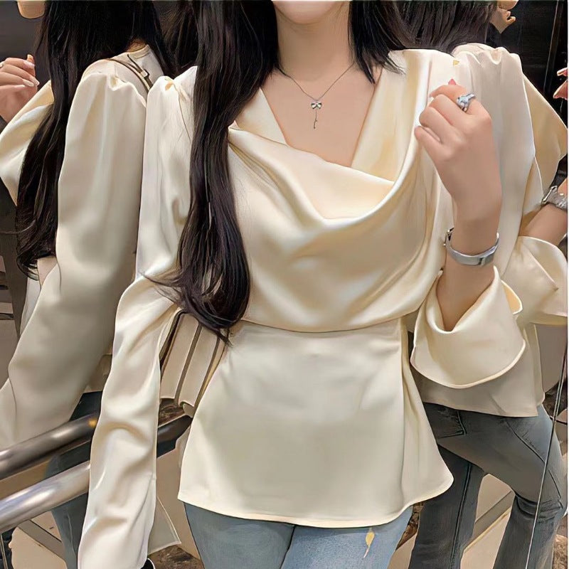 High-end Irregular Bell Sleeve Waist-tight Graceful Satin Long Sleeve Shirt - kinko