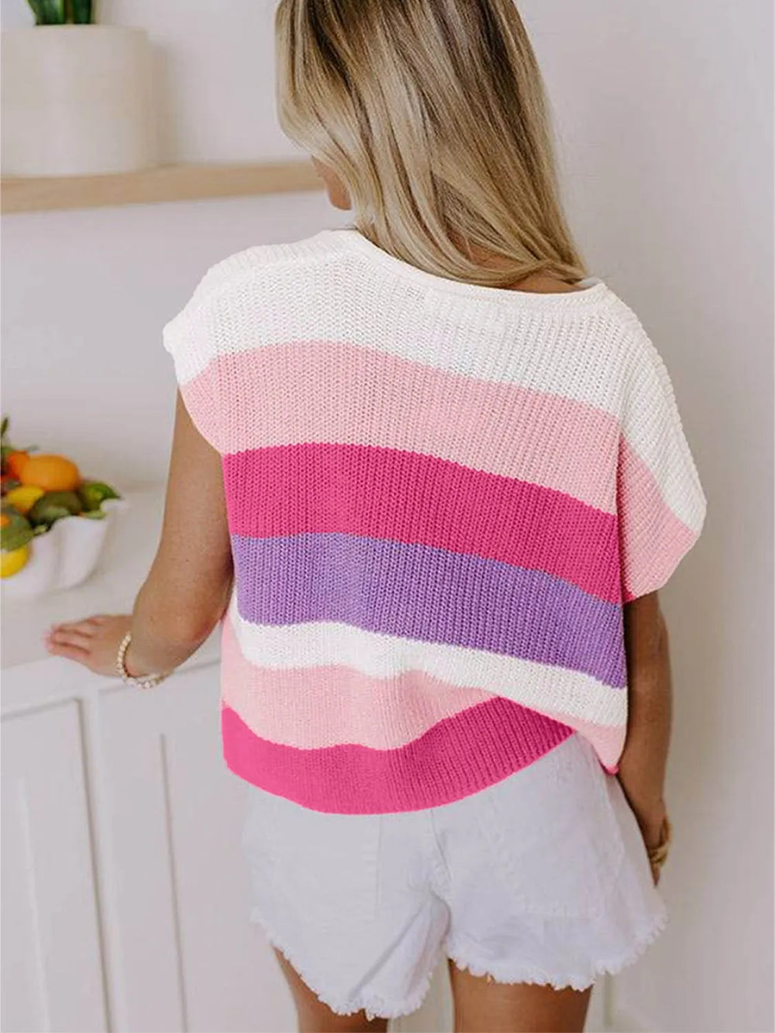 Color Block Notched Short Sleeve Knit Top - kinko