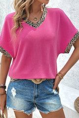 V-Neck Leopard Trim Ribbed Blouse - kinko
