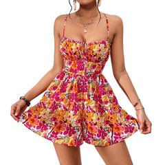 Women's Floral Print Dress Summer Lace-up Back Seaside Holiday Short Dresses - kinko
