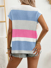 Color Block Notched Short Sleeve Knit Top - kinko