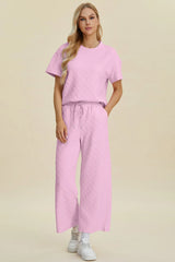 Double Take Full Size Texture Round Neck Short Sleeve Top and Pants Set - kinko