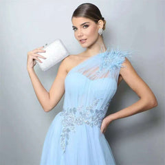 Blue One-shoulder Feather Wedding Dress - kinko