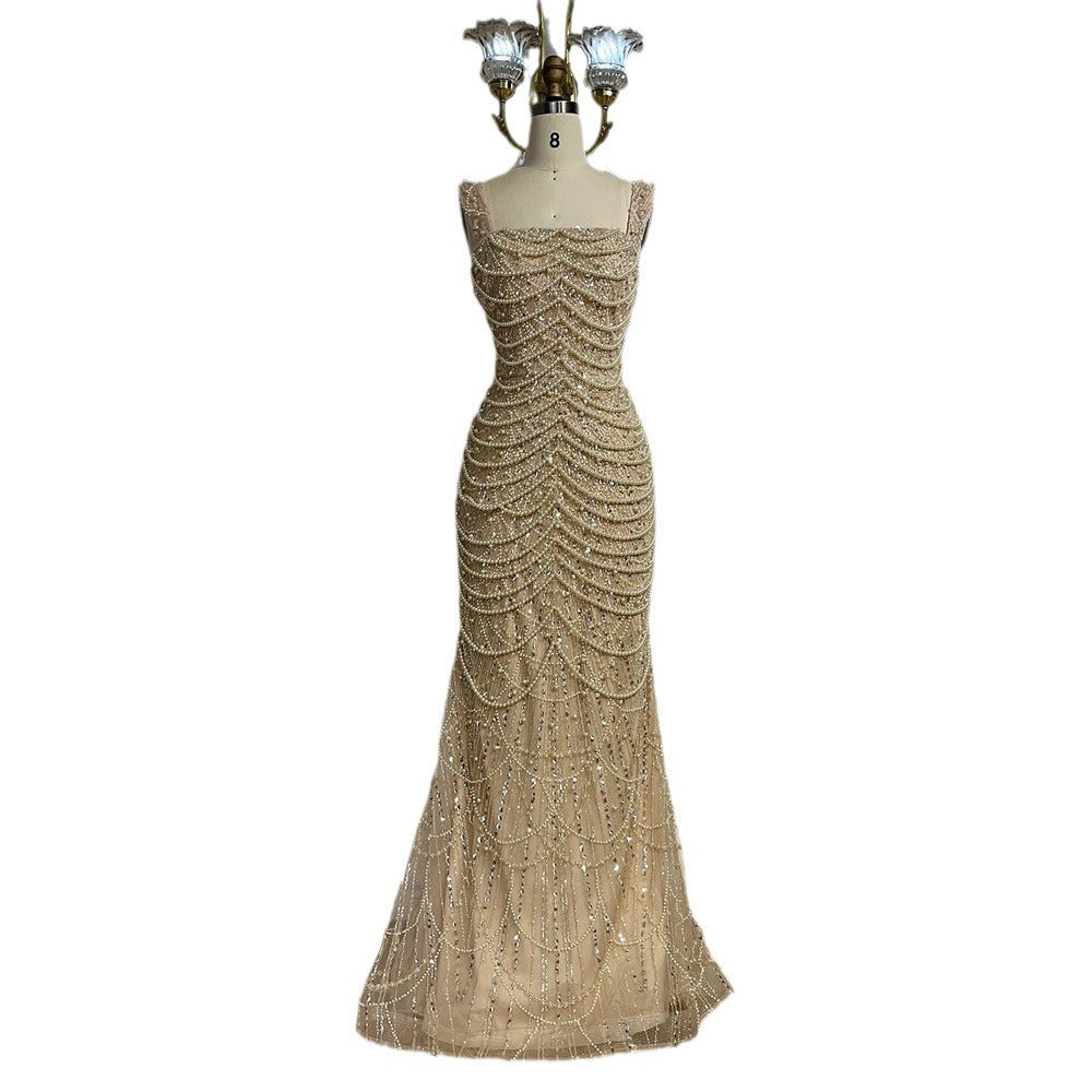 Nude Elegant Sling Light Luxury High-end Pearl Beaded Dress - kinko