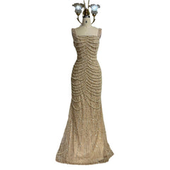 Nude Elegant Sling Light Luxury High-end Pearl Beaded Dress - kinko