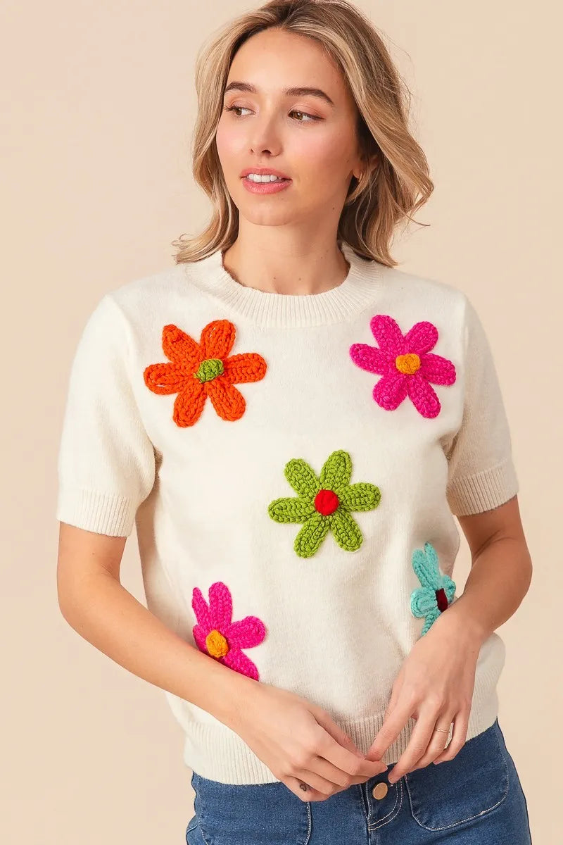 BiBi Crochet Flower Patch Sweater Top - kinko