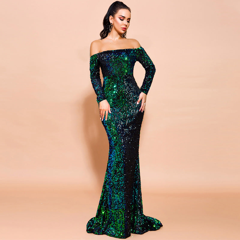 Sexy Strapless Long Sleeve Sequins Party Evening Dress - kinko