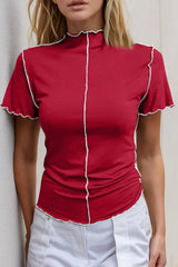 Basic Bae Contrast Trim Mock Neck Short Sleeve T-Shirt - kinko