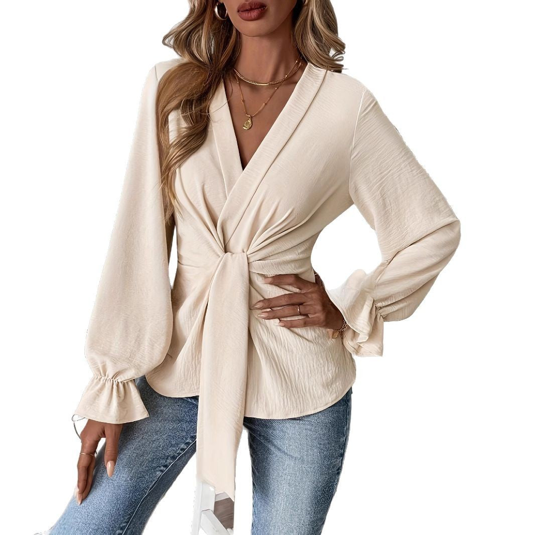 Women's Solid Color Elegant V-neck Long Sleeve Shirt Top - kinko