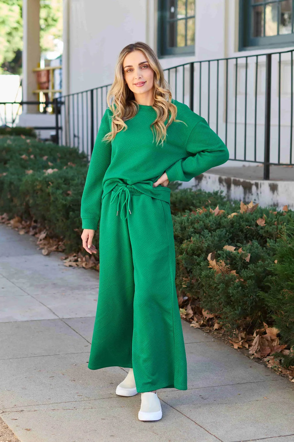 Double Take Full Size Textured Long Sleeve Top and Drawstring Pants Set - kinko