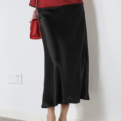 Acetate Silky Satin Women's A- Line Skirt Slimming - kinko