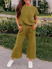 Fazortev Women's 2 Piece Outfits Quilted Lightweight Short Sleeve Tops And Cropped Pants Lounge Set - kinko