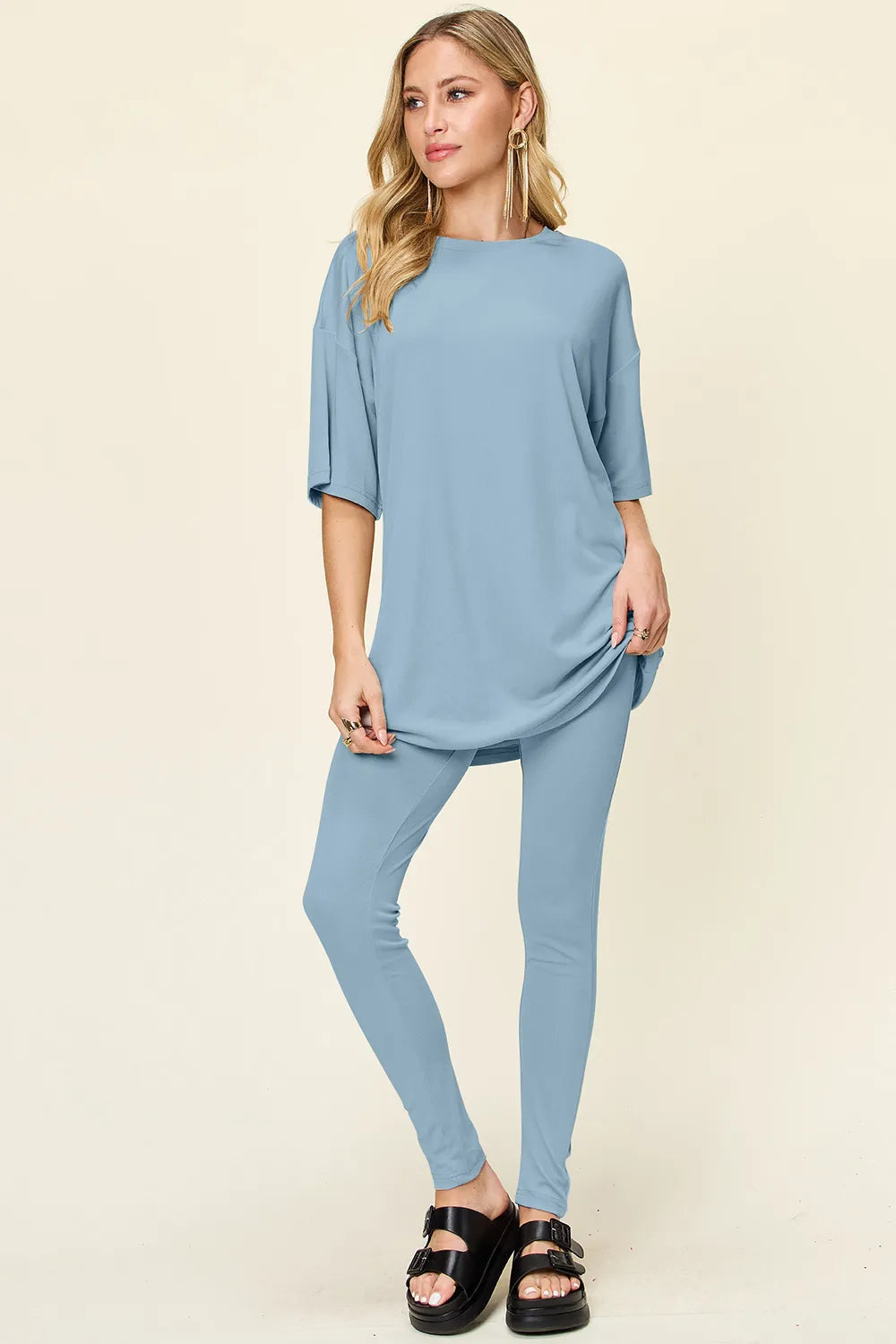 Double Take Full Size Round Neck Dropped Shoulder T-Shirt and Leggings Set - kinko