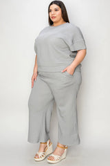 Double Take Full Size Texture Short Sleeve Top and Pants Set - kinko