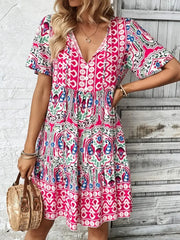 Printed Tie Neck Short Sleeve Dress - kinko