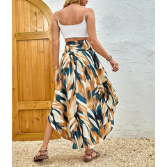 Women's High Elastic Waist Midi Skirt Casual Summer Trendy Tie Front Flowy Floral Print Beach Long Skirt - kinko