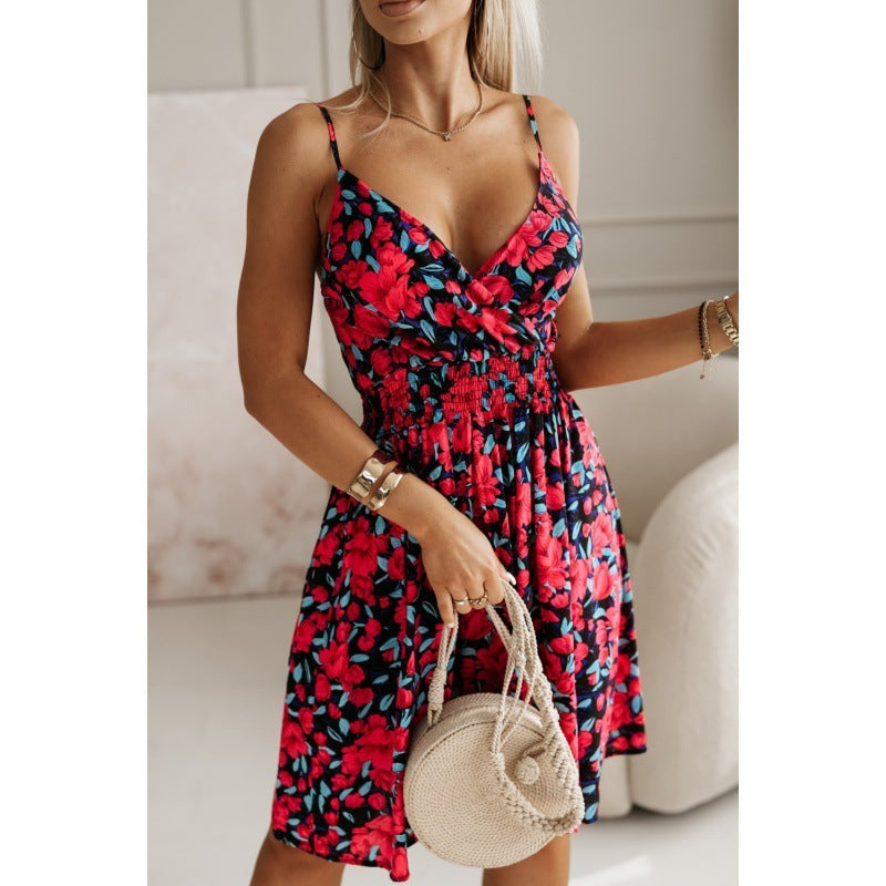 Fashion Flowers Print Suspender Dress Summer V-Neck Pleated Short Dresses For Beach Womens Clothing - kinko