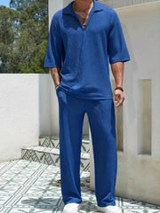 Men's Johnny Collar Half Sleeve Top and Pants Set - kinko