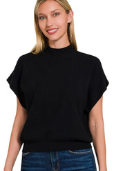 Zenana Mock Neck Short Dolman Sleeve Sweater - kinko
