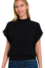 Zenana Mock Neck Short Dolman Sleeve Sweater - kinko