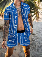 Men's Full Size Printed Collared Neck Short Sleeve Top and Shorts Set Plus Size - kinko