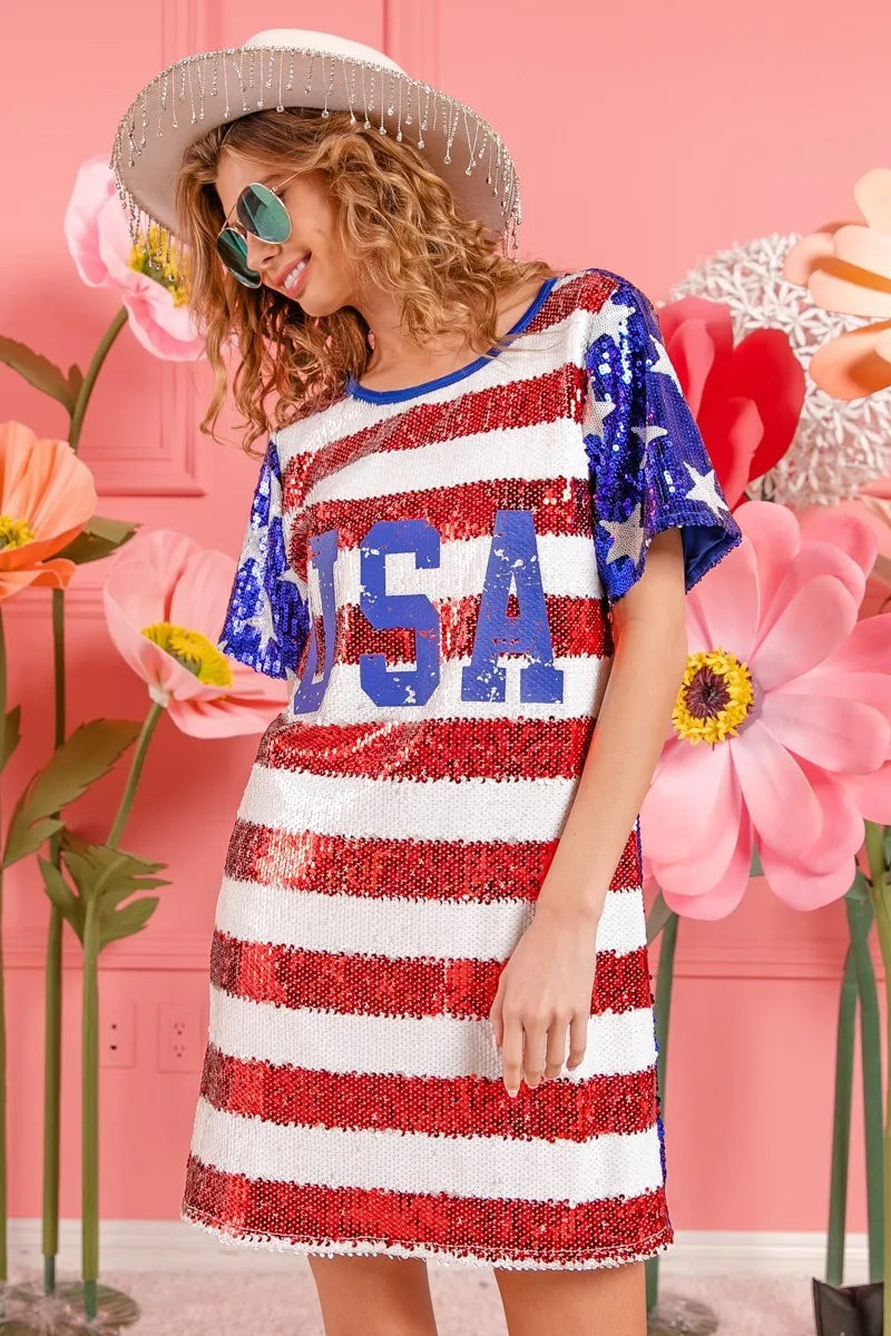 BiBi American Flag Theme Usa Print Sequin Dress - kinko